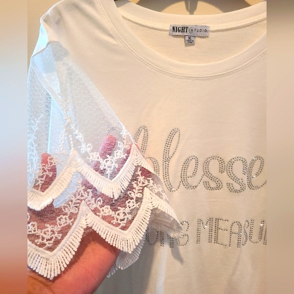 New white blinged out Night studio lace  T-Shirt XL Blessed beyond - Picture 1 of 6
